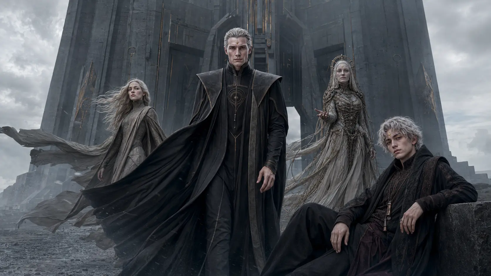 The four Reformers before a monumental alien citadel