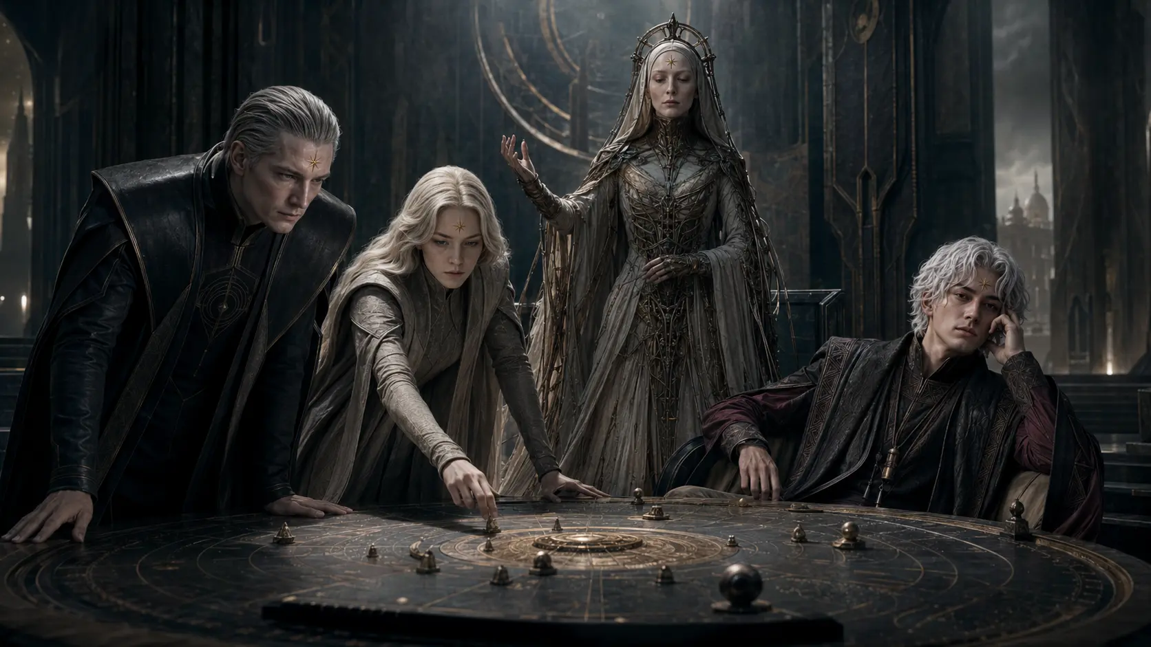 The four Reformers gathered around a celestial strategy table